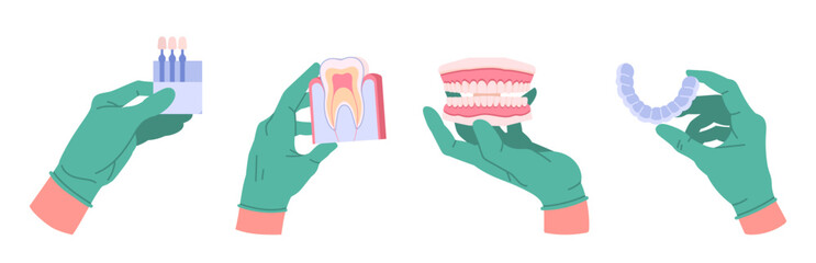 Dentist hands. Cartoon stomatologist hands in rubber gloves holding dental equipment, hands holding tools flat vector illustration set. Dentist tools in doctors palms