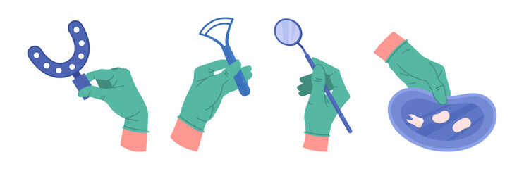 Dentist tools in doctors palms. Stomatologist hands in rubber gloves holding dental equipment, hands holding tools flat vector illustration set. Cartoon dentist hands