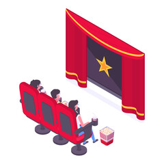 Isometric movie theatre visitors. People watching film on big screen, sitting in cinema chairs with popcorn and 3d glasses vector illustration. Watching movie on white background