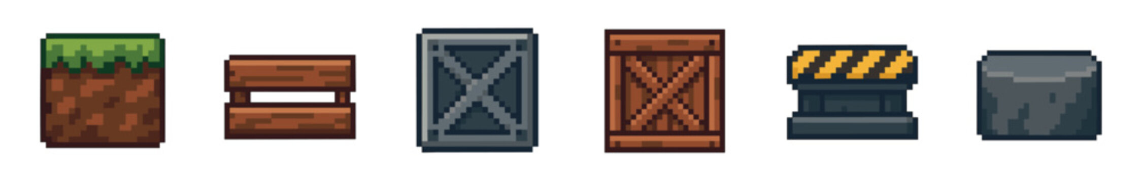 Set of pixel art game assets including earth, wood, metal, and industrial blocks for building or platformer levels, designed in a retro 8-bit video game style