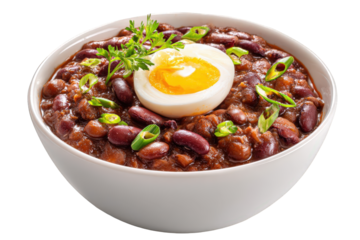 Hearty bean stew with soft-boiled egg isolated on transparent background