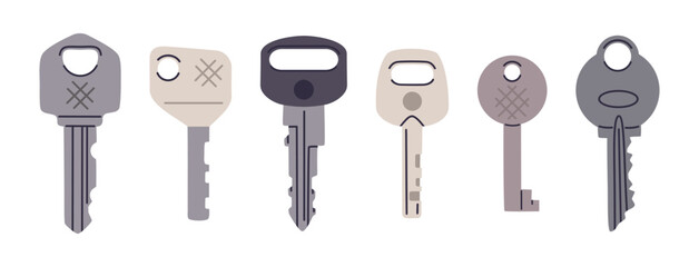 Modern door keys. Cartoon house, apartment or mailbox keys flat vector illustration set. Simple metal and plastic keys