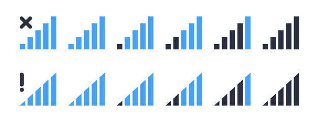 Network wifi icons. Wifi signs, mobile phone 5G and LTE wifi signal strength levels flat vector illustration set. Smartphone wifi signal indicators