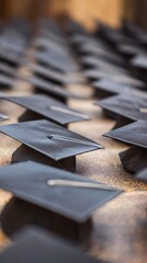 degree. Graduation caps neatly arranged from above, symbolizing academic achievement and celebration. event programs, museum guides, designed for cultural heritage projects and event programs.
