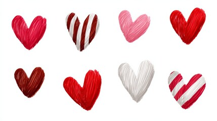 Colorful collection of hand-drawn hearts in various shades and patterns, showcasing love and affection, perfect for romantic themes and celebrations, ideal for digital design and print projects