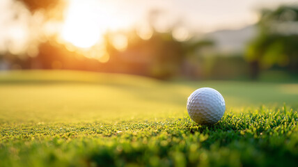 A golf ball resting on green grass at sunset representing sport focus leisure activity and outdoor recreation concept.
