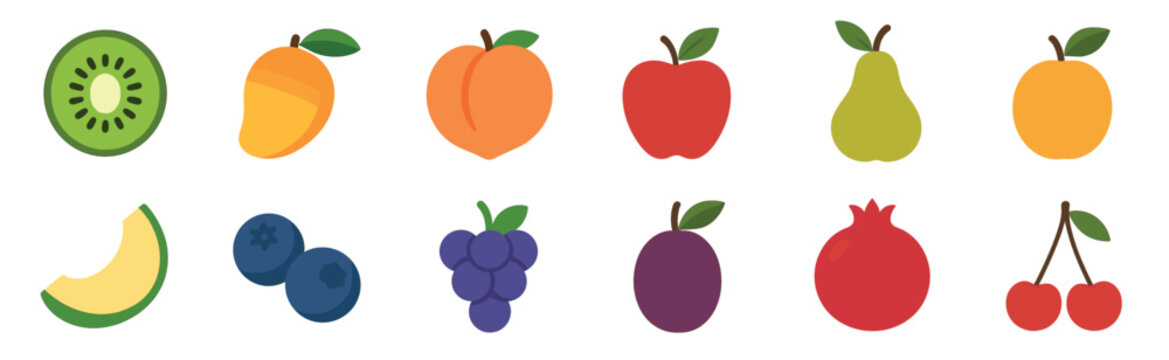 Collection of colorful fruit icons featuring kiwi, mango, peach, apple, pear, orange, melon, blueberry, grape, plum, pomegranate, and cherry in a simple flat vector illustration style