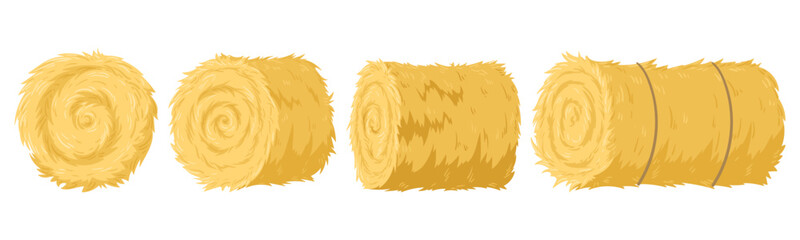 Straw stacks. Rolled agricultural haycock, bales of hay from different angles flat vector illustration set. Rural dried farm haystack