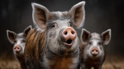 Group of three playful pigs with distinctive features, showcasing their curious expressions and textures in a natural outdoor setting, emphasizing the charm of farm life and animal companionship