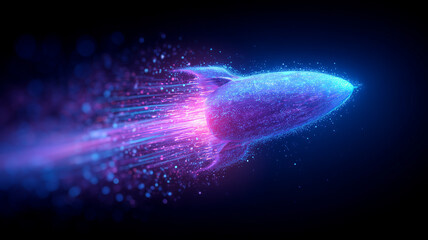 Abstract high speed projectile formed by digital particles representing advanced technology rapid data transfer and innovation.
