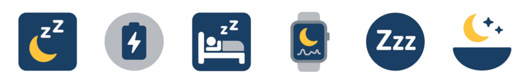 Set of flat vector icons for sleep tracking and rest, featuring a smartwatch, battery charge symbol, sleeping person in bed, and nighttime moon and stars illustrations