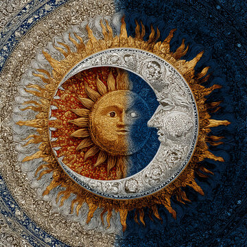 Ornate Sun and Crescent Moon Pattern with Filigree Details in Gold, Silver, and Deep Blue Tones