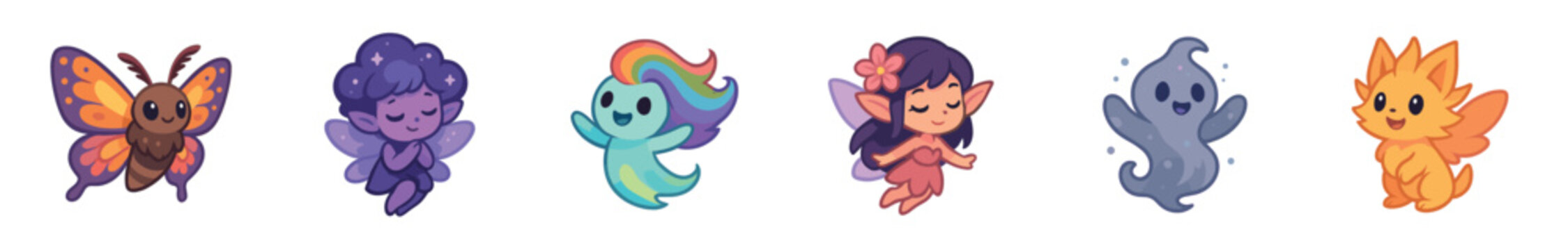 Set of cute cartoon fantasy characters including a butterfly, fairies, a ghost, and a mythical creature in a colorful kawaii art style for a game or sticker pack