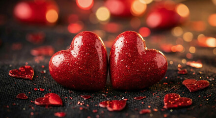 Shiny Red Heart Shapes on Dark Background