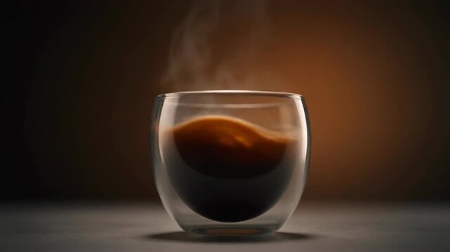 A close-up view of a double-walled glass filled with hot, steaming coffee.