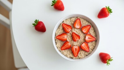 Oatmeal bowl with fresh strawberries on a white table.