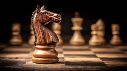 A wooden chess knight standing on a chessboard representing strategic thinking, planning skills and intelligent decision making.
