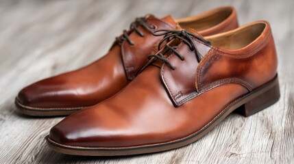 footwear. Handcrafted leather shoes displayed on wood, showcasing quality and minimalist elegance. lifestyle magazines.

