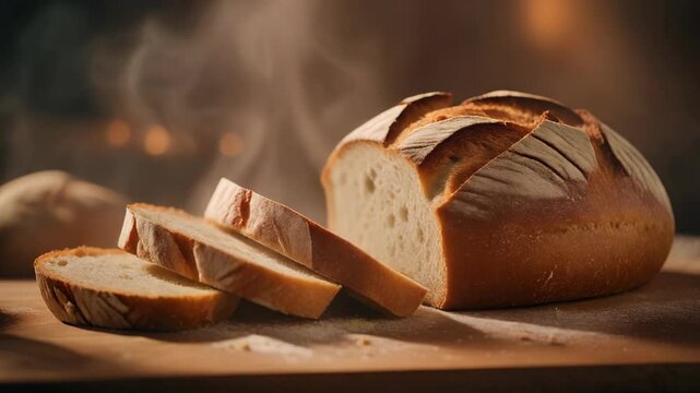 Freshly baked loaf of bread, partially sliced, resting on a wooden surface, with steam.