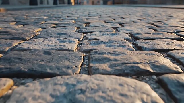 Cobblestone Street at Sunset - A low-angle shot captures a cobblestone street bathed in the warm light of the setting sun.