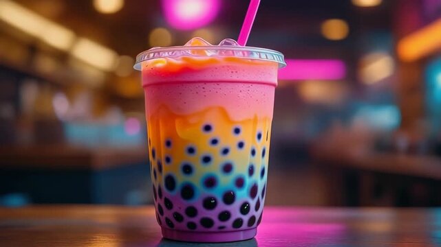 A vibrant and colorful bubble tea drink with layered flavors and tapioca pearls, ready to enjoy.
