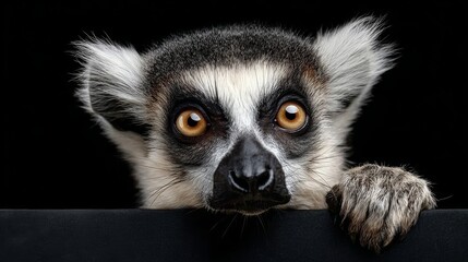 Obraz premium Close-up of a curious lemur with striking golden eyes and distinctive black and white fur, peering over a ledge, showcasing its expressive features and playful demeanor