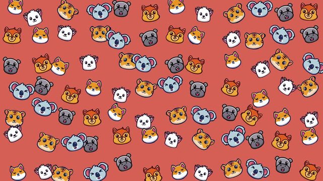 Pattern featuring koalas, tigers, pandas, and cats in a vibrant red background, ideal for animal prints and colorful designs.