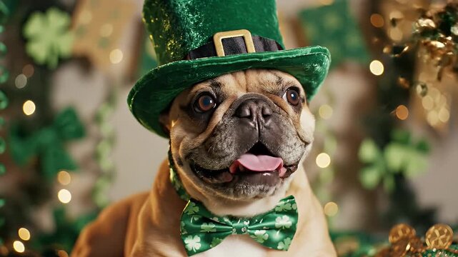 French Bulldog Dressed for St. Patrick's Day - A cheerful French Bulldog is adorned in festive St. Patrick's Day attire, featuring a green top hat and a bow tie with shamrock patterns.