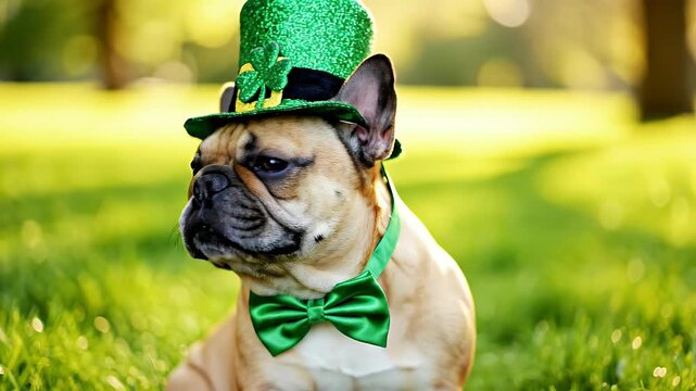 French Bulldog in Festive St. Patrick's Day Attire - A French Bulldog sits on a vibrant green lawn, wearing a glittery green top hat adorned with a shamrock and a matching green bow tie.