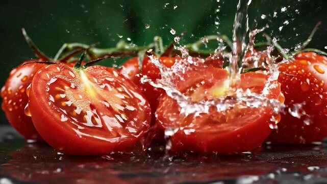 Fresh Tomatoes Being Washed - Ripe red tomatoes on the vine are being rinsed with water. A cut tomato showcases its juicy interior as water splashes over its surface.