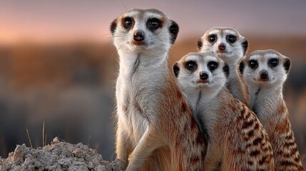 Group of meerkats standing on a rocky mound, looking curiously at the surroundings, with a beautiful sunset in the background, showcasing their social behavior and natural habitat