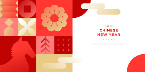 Fototapeta premium Happy Chinese New Year of the horse 2026 modern mosaic illustration template in abstract geometric style. China culture festival event design with gold fortune decoration.