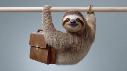 Fototapeta premium Sloth hanging from a wooden bar, holding a brown leather briefcase, showcasing a whimsical and playful character in a minimalist setting with soft blue background