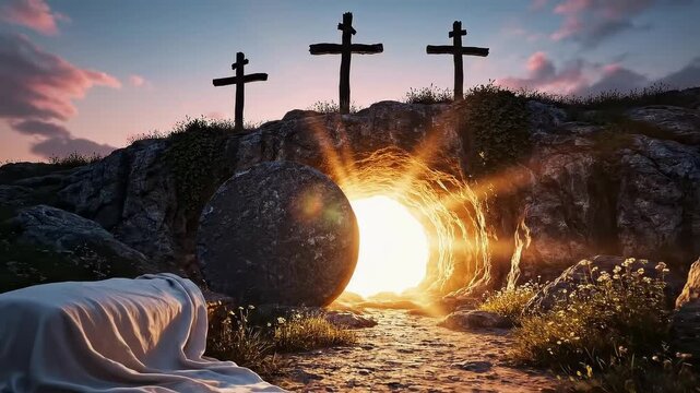 Empty Tomb at Sunrise with Three Crosses Easter Resurrection Photo