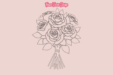 Elegant line art of a rose flower bouquet  in soft pink background, perfect for floral design projects &ndash; vector illustration