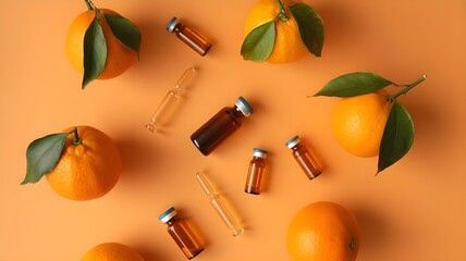 Oranges and vitamin C ampoules concept of natural skincare and health flat lay on orange background