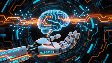 Robotic hand presenting glowing digital brain with circuit board background