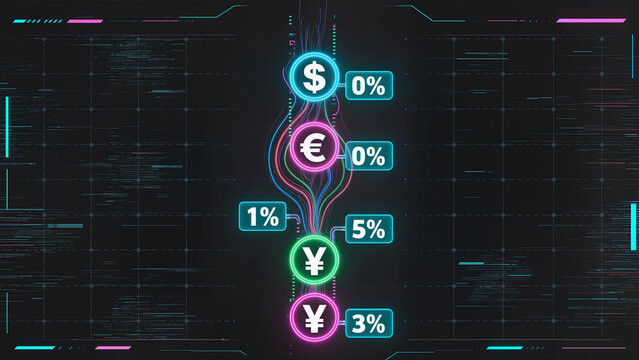 Currency symbols with interest rates on futuristic digital background - Powered by Adobe