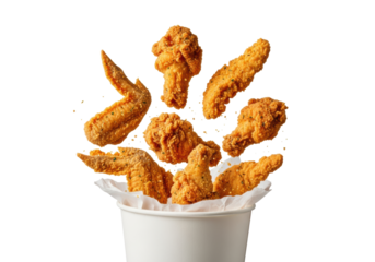 ultra-crispy golden fried chicken wings and tenders exploding dynamically from a white paper bucket, sharp crumbs frozen mid-air, isolated on a transparent studio backdrop, intensely appetizing