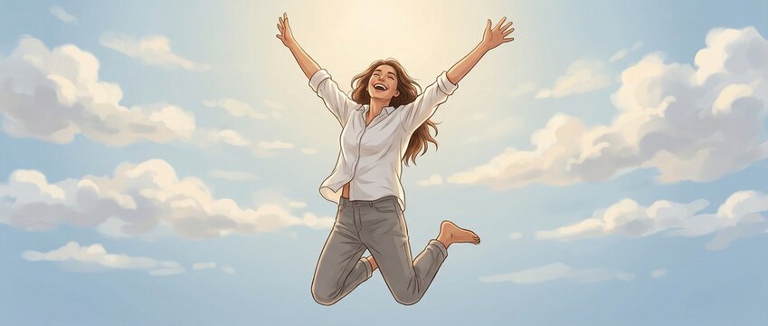 Young woman jumping for joy in the sky under sunny clouds  