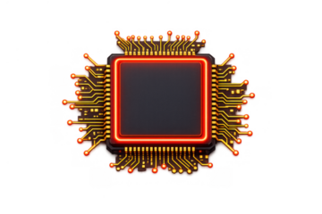 Processor microchip with glowing red neon core and golden circuit board traces, symbolizing computing power and digital intelligence