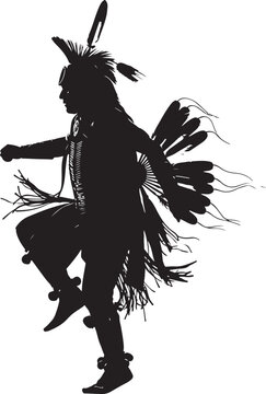 Detailed silhouette of a Native American dancer in traditional ceremonial regalia performing a cultural dance