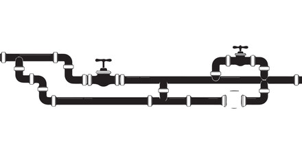 Naklejka premium A black and white illustration of a complex pipe system with valves and fittings.