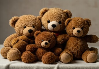 Obraz premium A close-up shot of several worn, soft plush toys piled together, creating a comforting and nostalgic heap of fuzzy friends on a light blanket ,innocent ,handmade ,plaything