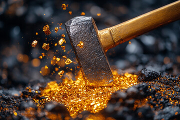 Pickaxe strikes stone revealing shiny gold nuggets Generative AI