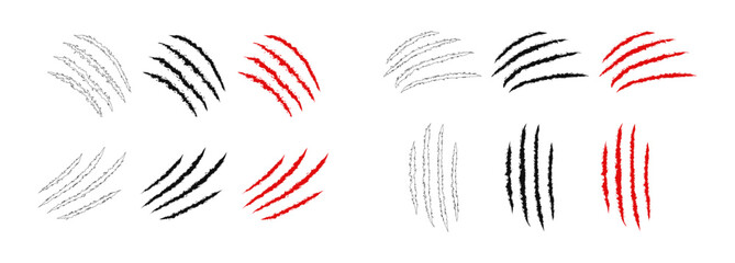 Animal claw scratches and marks. Set. Black, red bloody silhouettes and outline. Icon, flat. Vector isolated on white background. Scratches from a cat, tiger, lion, dog, jaguar, bear, puma, leopard. © Jafree