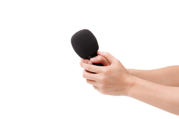 Hand with microphone isolated on white background