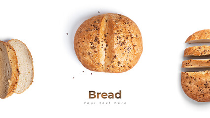 Bread on a white background. Long header banner format. Panorama website header banner. . High quality photo