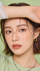 Young woman with brown hair and green shirt posing elegantly