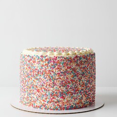 Delicious tiered birthday cake covered in smooth white icing and vibrant festive sprinkles, presented on a stark white studio backdrop, sweet, creamy, special